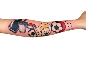 Childhood memories of a book, a bucket and spade, a football, a cricket bat, a cartoon of Dennis the Menace from the Beano comic, and the American Idiot symbol tattoo idea