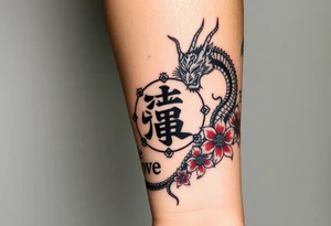 Fierce tiger and dragon surrounding Japanese symbol for “love” while being surrounded with red spider lily’s and smoke tattoo idea