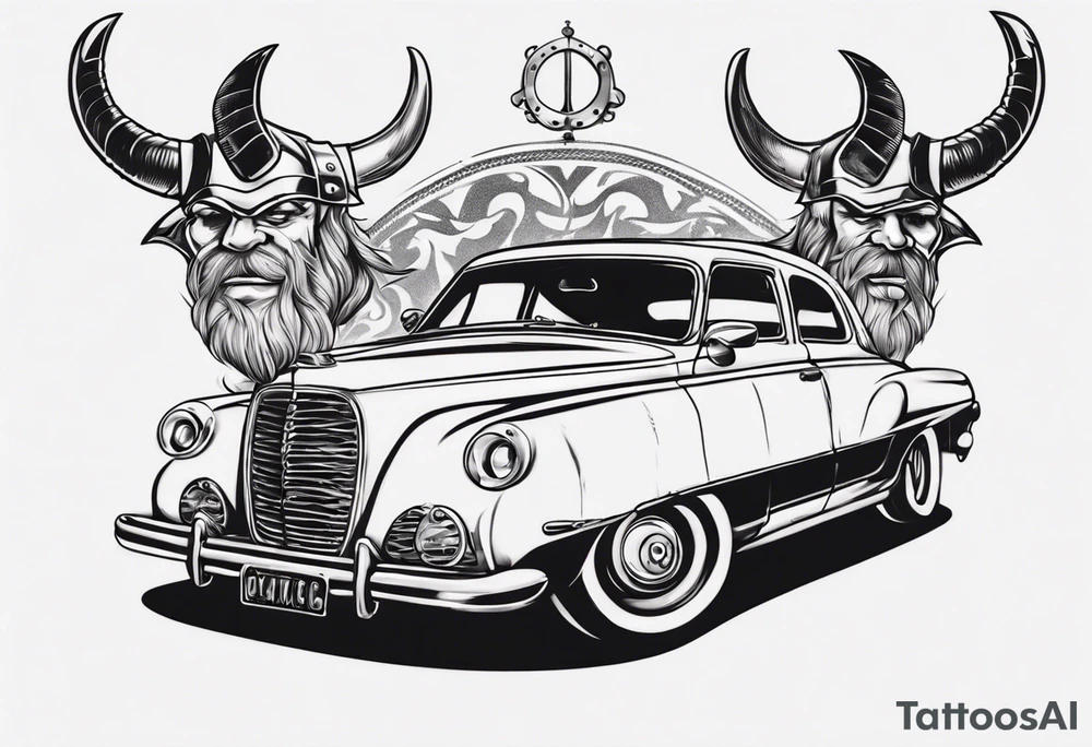 Vintage classic car with viking coming from the bonnet tattoo idea