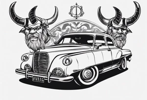 Vintage classic car with viking coming from the bonnet tattoo idea