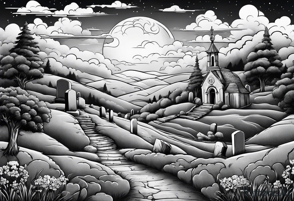 Cemetery on hills with clouds and moon tattoo idea