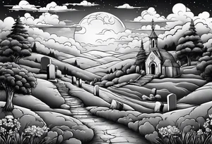 Cemetery on hills with clouds and moon tattoo idea