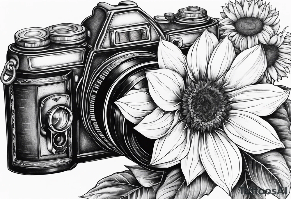 Butterfly, sunflower, camera, book, flower rose tattoo idea
