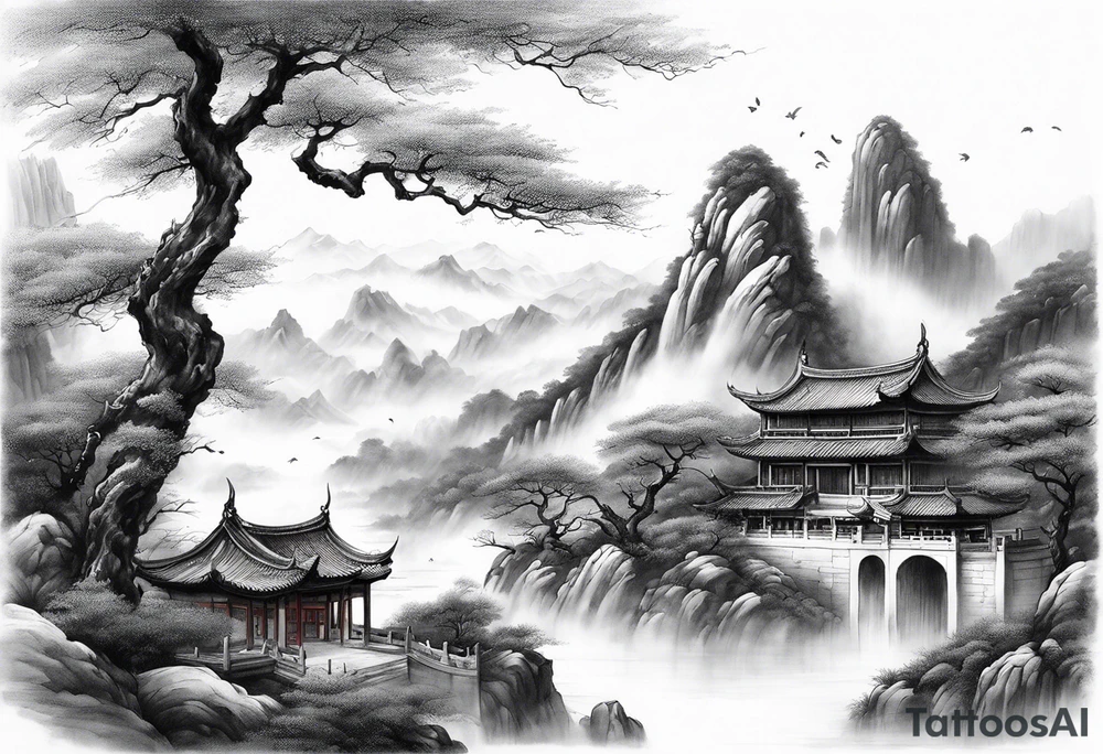 forearm sleeve traditional chinese art painting style autumn mountains mist fog water Chinese temple 2 philosophers wearing robes seated drinking tea far away in the distance tattoo idea