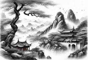 forearm sleeve traditional chinese art painting style autumn mountains mist fog water Chinese temple 2 philosophers wearing robes seated drinking tea far away in the distance tattoo idea