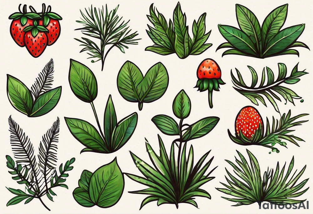 forest floor inspired minimalist tattoo, which includes grass, curly ferns and dead leaves as the bulk of the tattoo. details to include: three very tiny strawberries, a tiny bumblebee flying nearby, three small brown mushrooms tattoo idea