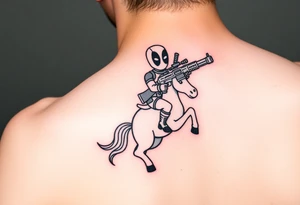 Deadpool riding unicorn holding Russian era RPG tattoo idea