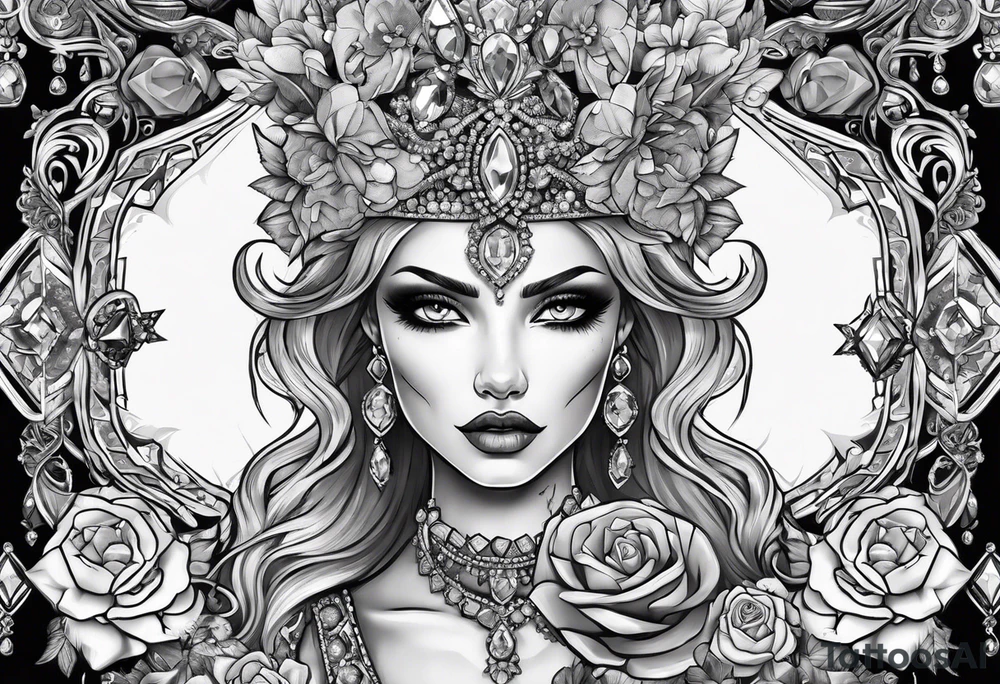 Fancy queen zombie diamonds and gemstones tattoo idea