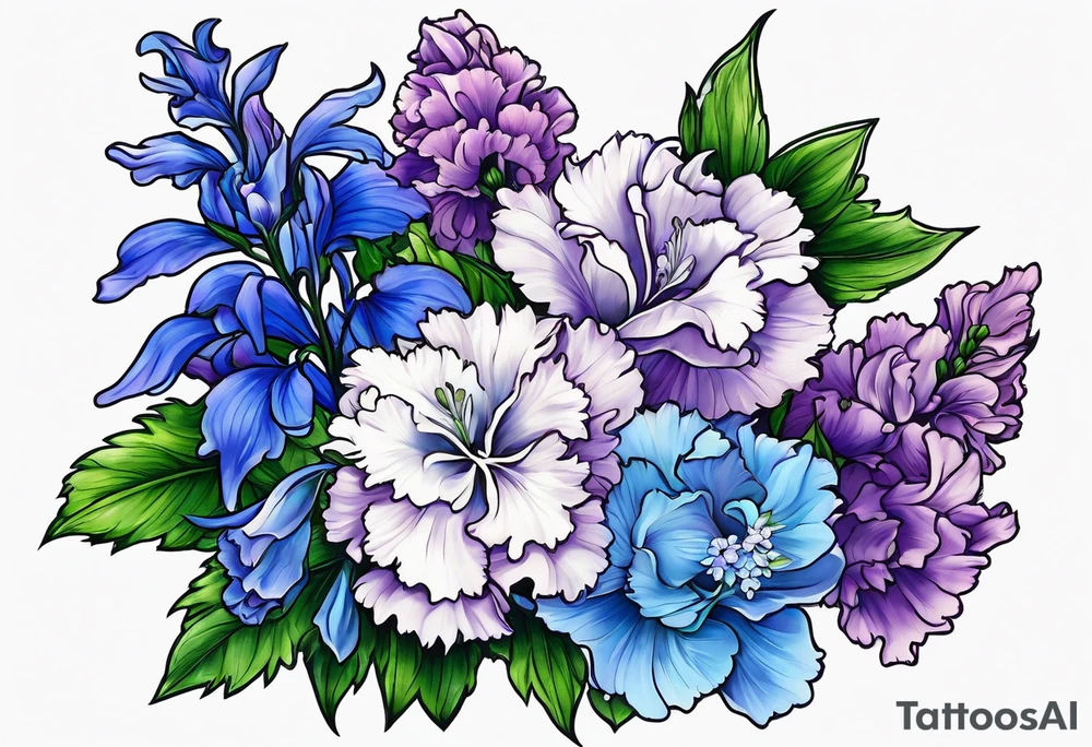 Larkspur flowers and carnation flowers in all color. Colors blue, purple, green, and light blue tattoo idea