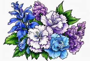 Larkspur flowers and carnation flowers in all color. Colors blue, purple, green, and light blue tattoo idea