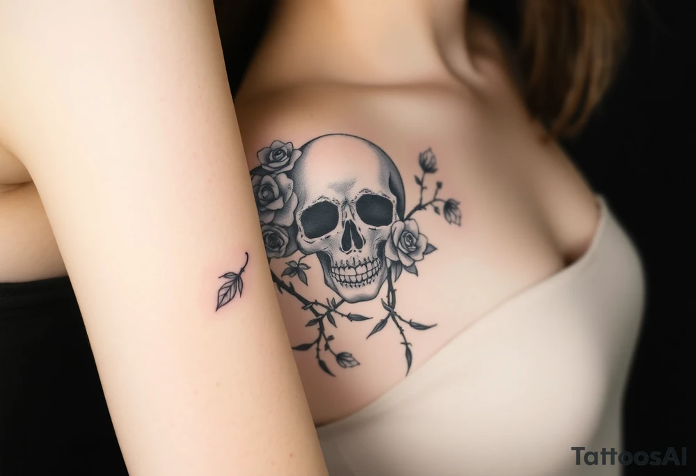 gothic skull intertwined with climbing roses and thorny vines tattoo idea