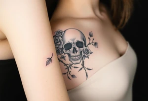 gothic skull intertwined with climbing roses and thorny vines tattoo idea