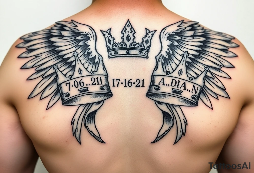 majestic  angel with two king crowns and in grave in one of the king crowns the names JOSIAH wuth the date 7-06-21 in roman numerals and I. The other king crown the name Adian with the date 3-10-23 in roman numerals tattoo idea