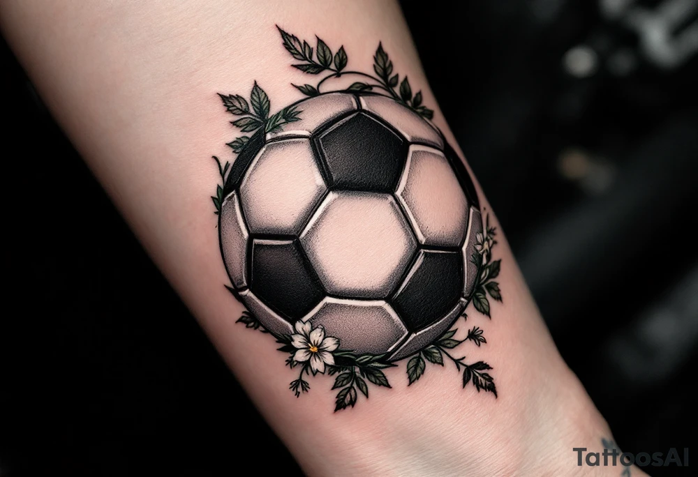 A shaded black soccer ball with green vines and small white flowers wrapping it. tattoo idea