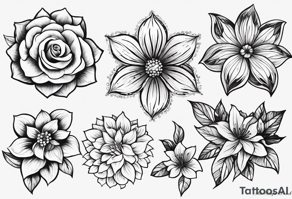 Small tattoo flower bunch using July flower, November flower, May flower, May flower, August flower and February flower tattoo idea