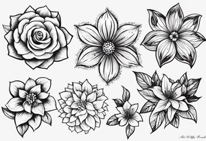 Small tattoo flower bunch using July flower, November flower, May flower, May flower, August flower and February flower tattoo idea