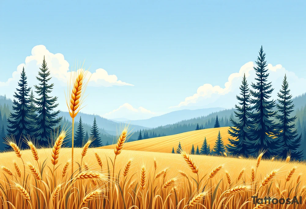 A golden wheat field, beer hop cone and coniferous forest under a blue sky, capturing the beauty of the Czech countryside and prosperity. tattoo idea