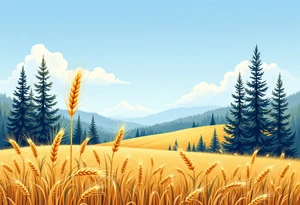 A golden wheat field, beer hop cone and coniferous forest under a blue sky, capturing the beauty of the Czech countryside and prosperity. tattoo idea