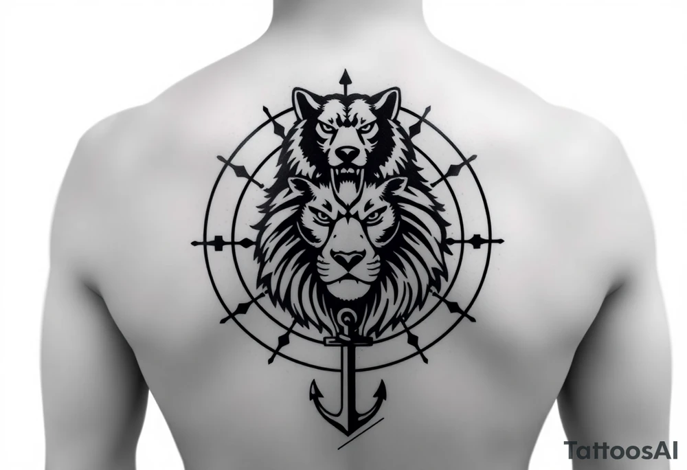 1/3wolf 1/3bear 1/3 lion surrounded by a compass with a small anchor on bottom. for sleeve tattoo idea