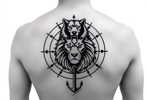 1/3wolf 1/3bear 1/3 lion surrounded by a compass with a small anchor on bottom. for sleeve tattoo idea