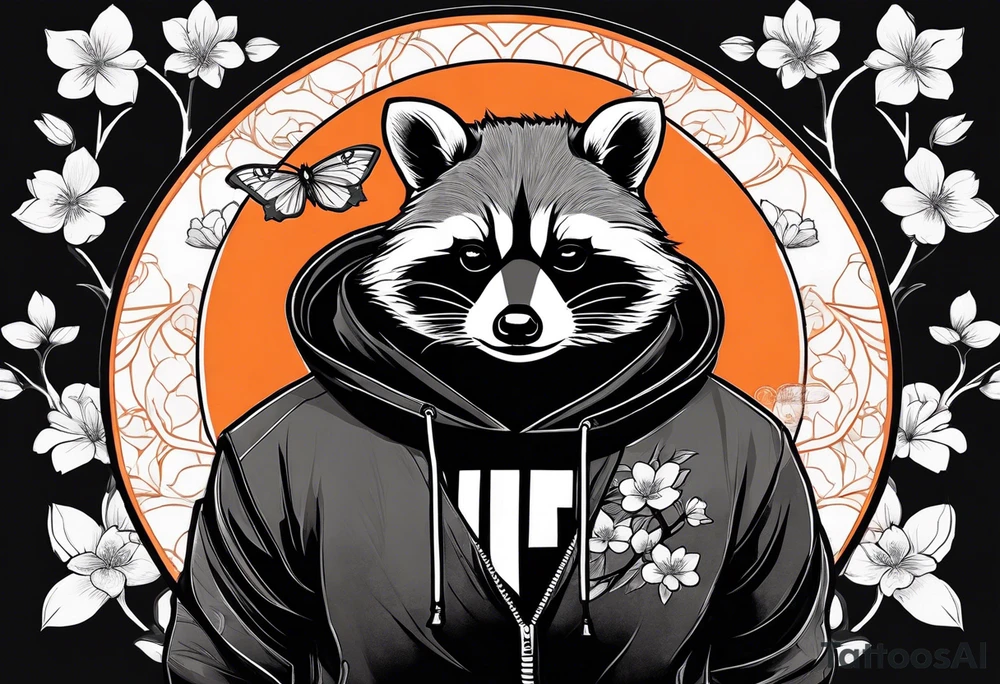 Raccoon wearing a white Superman logo on a black hoodie and orange Japanese cherry blossoms beside tattoo idea