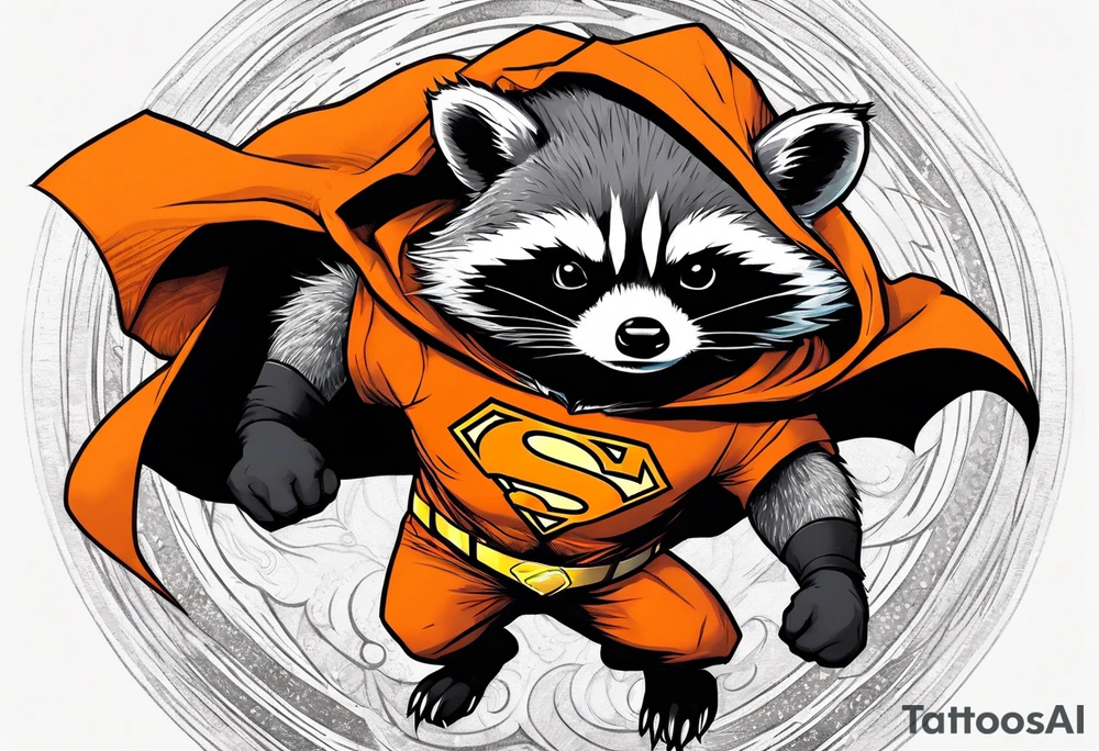 Raccoon wearing an orange Superman hoodie tattoo idea