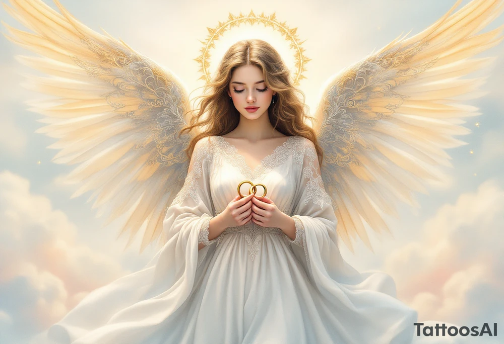 A majestic guardian angel with soft, flowing wings, gently cradling a pair of intertwined golden wedding rings in its hands. The angel’s robe is made of delicate white and silver filigree patterns, flowing like silk in the wind. A radiant halo of soft golden light hovers above its head, casting a gentle glow. The background features subtle pastel clouds in shades of pale pink, lavender, and sky blue, giving the design a dreamy, ethereal feel. tattoo idea