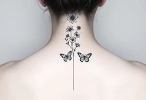 Vertical line down the middle

Water lily, honeysuckle, narcissus, violet and a daisy on top of vertical line

Small butterflies tattoo idea