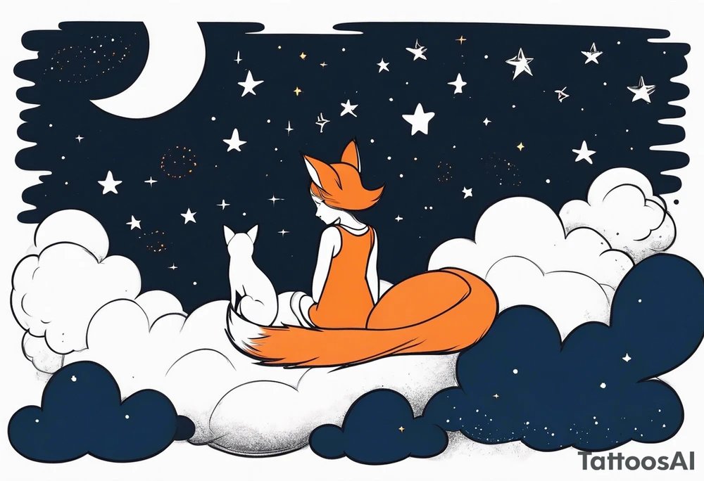 little girl with a fox sitting back side by side on a cloud and look at the stars tattoo idea