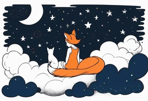 little girl with a fox sitting back side by side on  a cloud and look at the stars tattoo idea