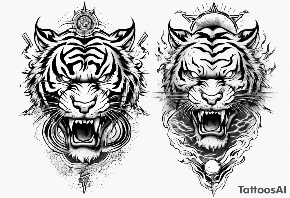 tiger warrior with lightning and the sun for a forearm sleeve tattoo idea