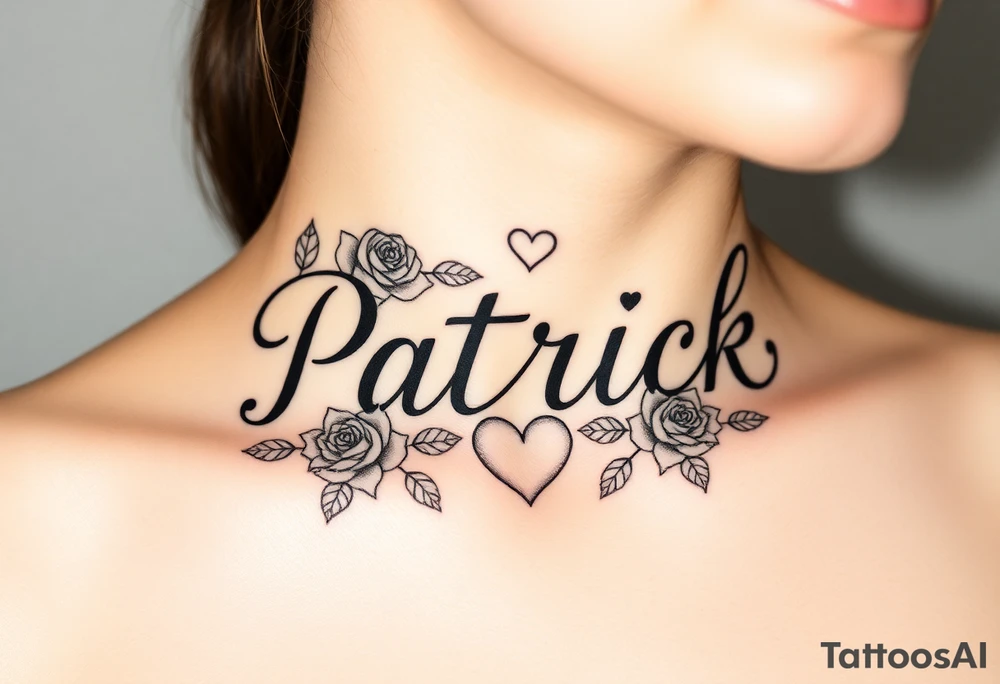 The name Patrick with roses and hearts tattoo idea
