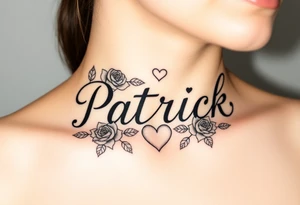 The name Patrick with roses and hearts tattoo idea