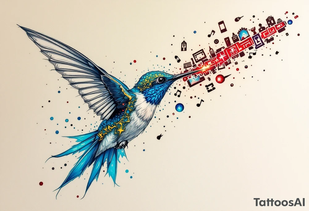 A hummingbird leaving a trail of glowing hieroglyphs as it flies(only red, blue and black are possible colors) tattoo idea