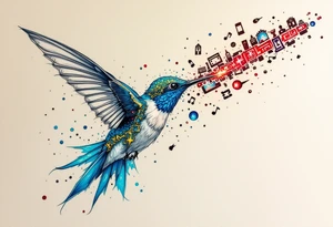 A hummingbird leaving a trail of glowing hieroglyphs as it flies(only red, blue and black are possible colors) tattoo idea