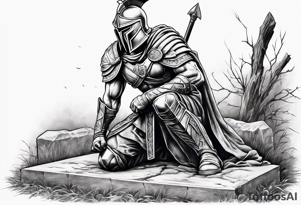 Spartan kneeling on a grave tattoo idea