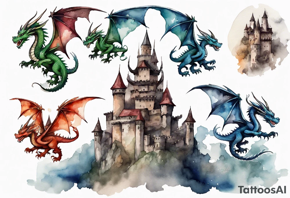 3 dragons flying around the highest part of the castle, defending it from a village with angry people tattoo idea