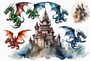 3 dragons flying around the highest part of the castle, defending it from a village with angry people tattoo idea