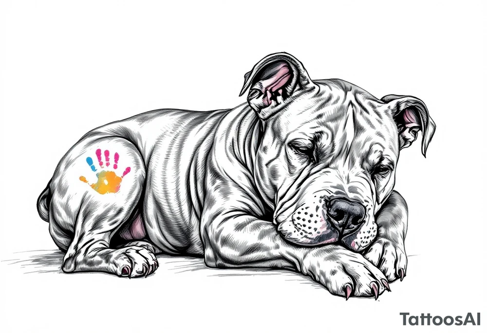 Staffbull with Child's Handprint
A peaceful Staffbull lying down with a small, colorful child’s handprint on its back or paw. Symbol of family and loyalty, done in grayscale with the handprint in soft watercolor tones (blue, pink, yellow). tattoo idea