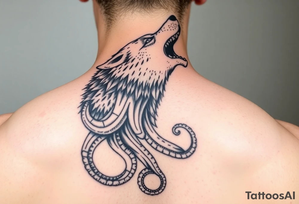 A surreal wolf octopus howling tattoo idea