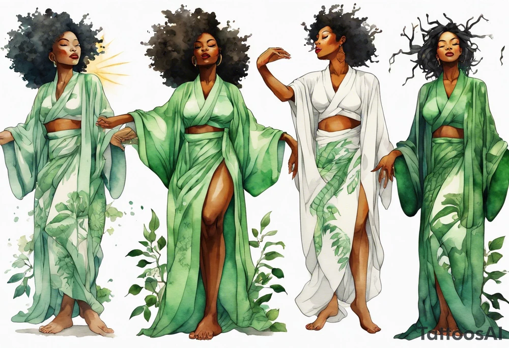 a beautiful black woman with tree roots for feet, standing with arms reaching out to the sun, wearing a sheer green robe tattoo idea