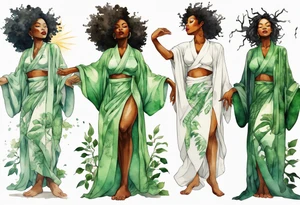 a beautiful black woman with tree roots for feet, standing with arms reaching out to the sun, wearing a sheer green robe tattoo idea
