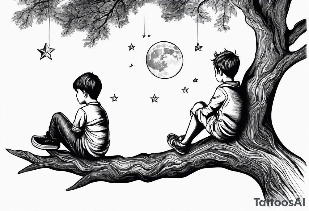 Two siblings watching a starfall by the sea. They are sitting on a tree branch in the woods tattoo idea