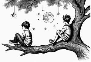 Two siblings watching a starfall by the sea. They are sitting on a tree branch in the woods tattoo idea