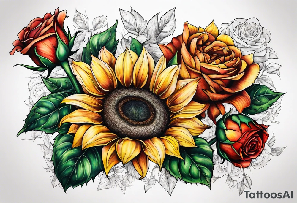 Sunflower and roses tattoo idea