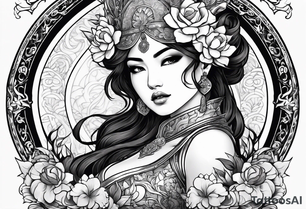 ornate beautiful woman warrior with weapon & floral arch background tattoo from head to torso tattoo idea