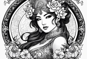 ornate beautiful woman warrior with weapon & floral arch background tattoo from head to torso tattoo idea