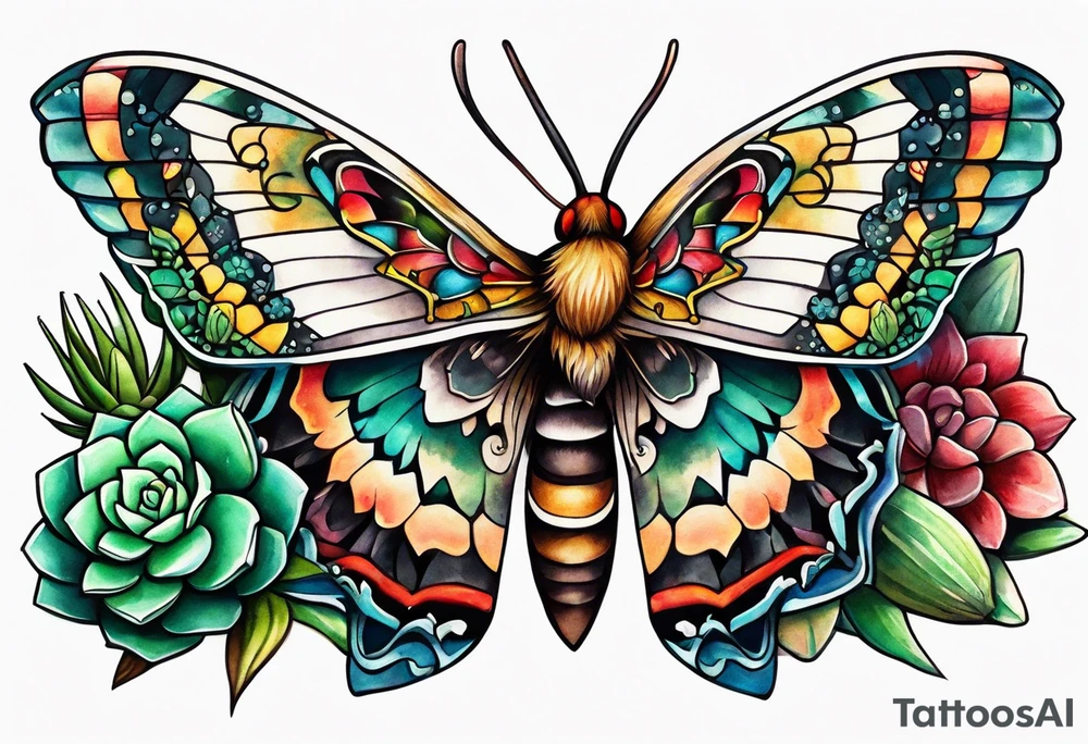 Modern Mexican style moth with succulents in garden tattoo idea