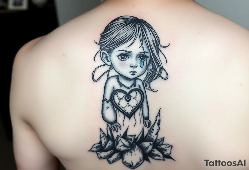 A little girl rising through the ashes, with a tear in her eye and a heart of gold tattoo idea