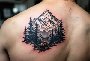 mountain scene with evergreen trees and foreground bull elk at base tattoo idea